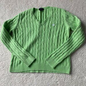 Ralph Lauren CHAPS cotton cable lime green V neck sweater Size Medium